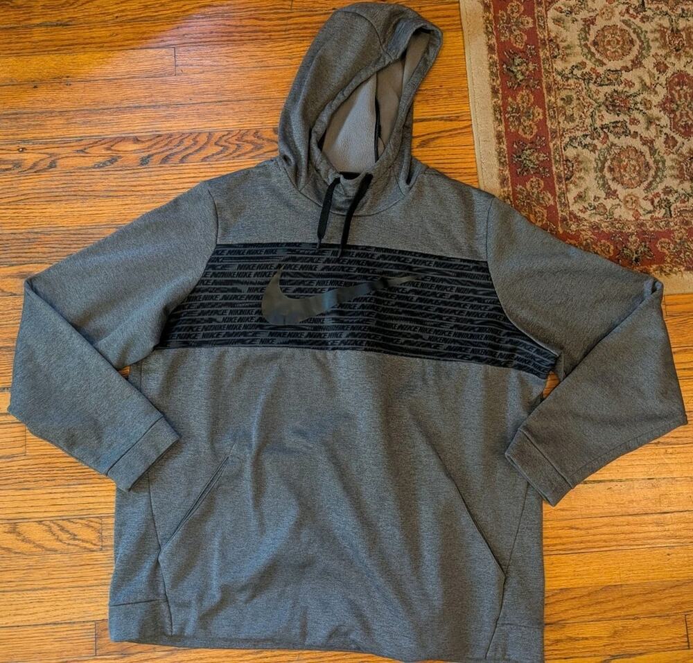 Nike Dri Fit Men’s Hoodie XXL Gray Pullover Fleece Swoosh Front Logo